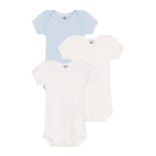 Petit Bateau - 3-pak Kortærmet Body - Blå Stribet & Hjerter