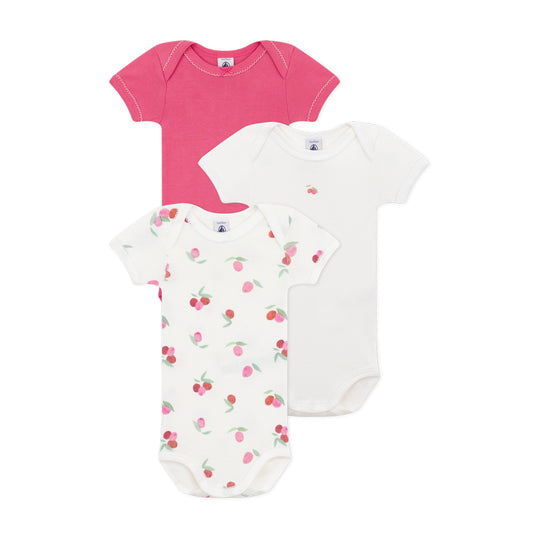 Petit Bateau - 3-pak Kortærmet Body - Lyserød & Kirsebær