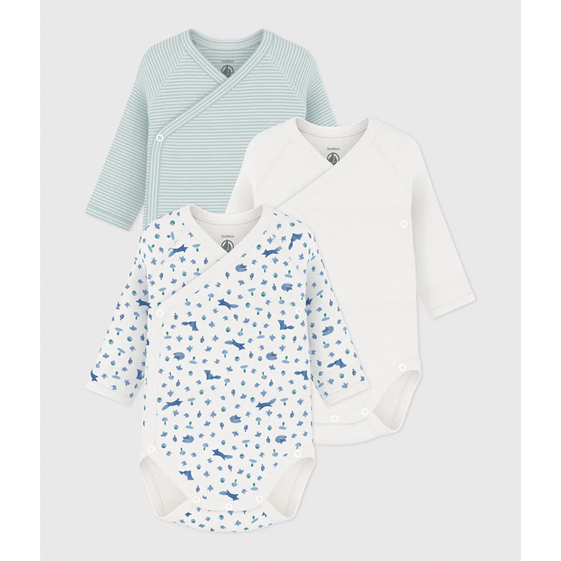 Petit Bateau - L/S 3-pack wrap bodyer - Hvid, Blå Strib & Blomster