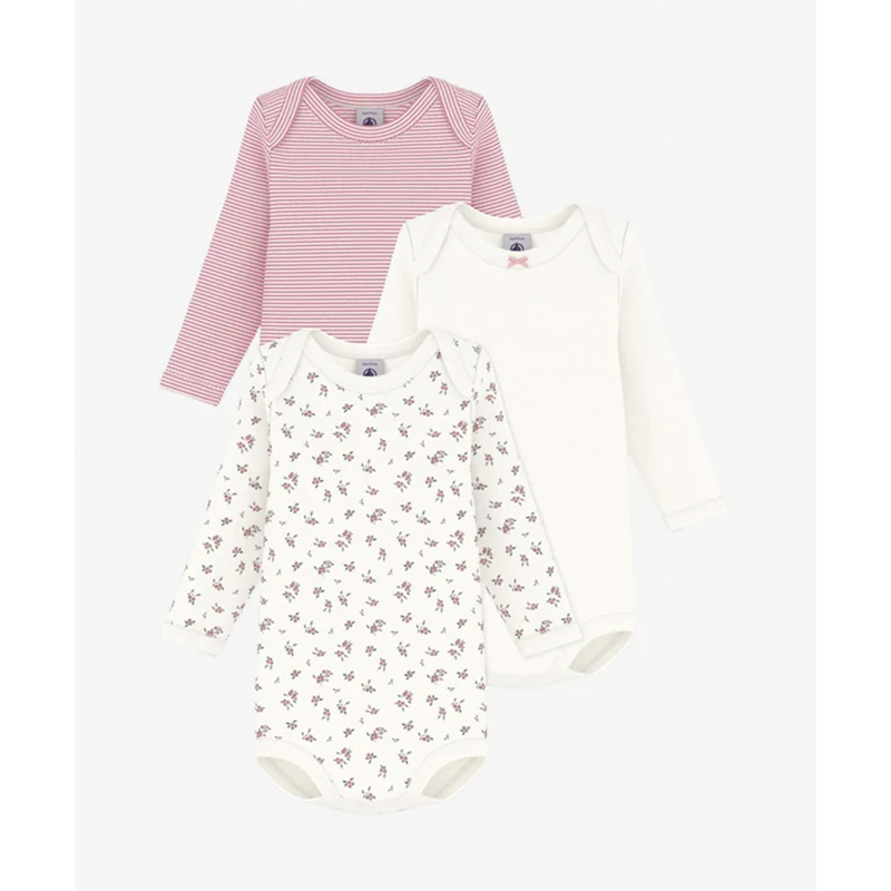 Petit Bateau - L/S 3-pak - Hvid, Pink Strib & Hvid Blomster