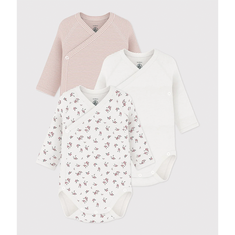 Petit Bateau - L/S 3-pack wrap bodyer - Hvid, Lyserød Strib & Blomster